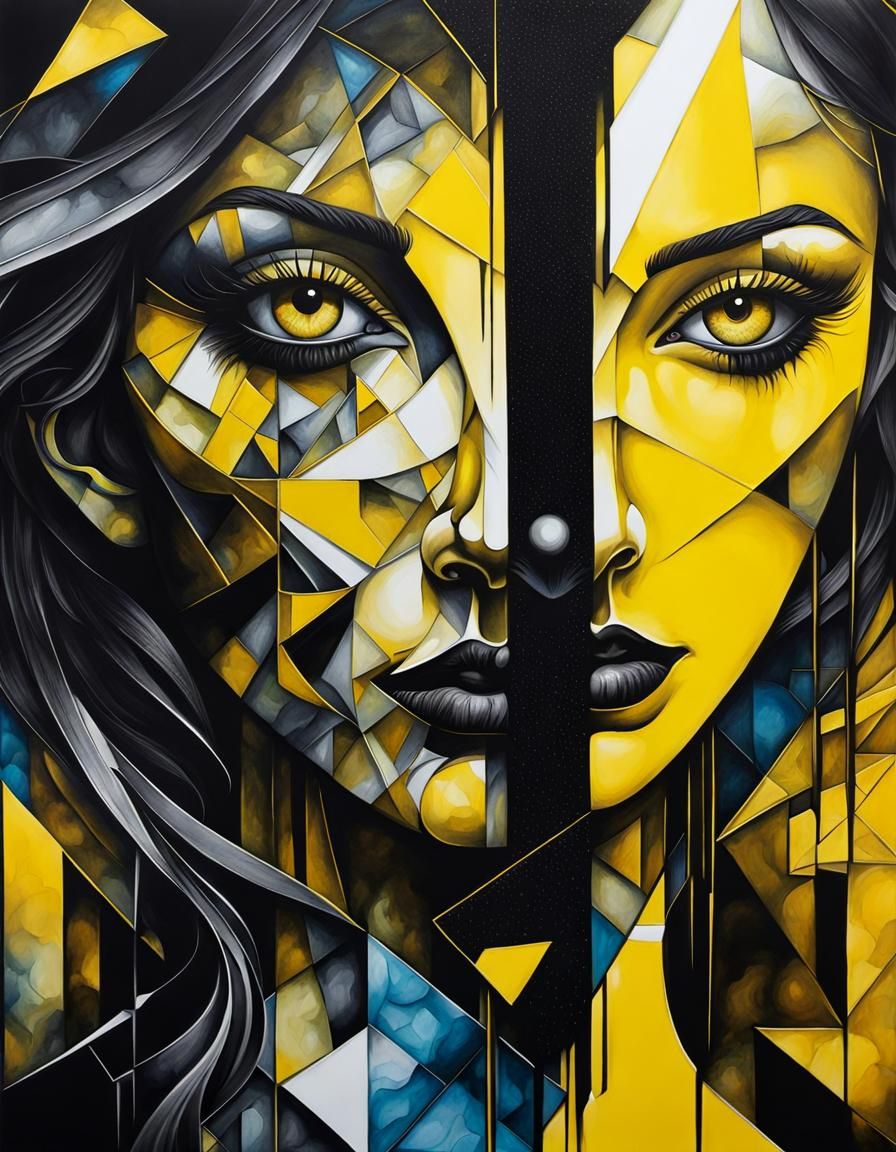 Ethereal Dark Cubism Woman Portrait in Acrylic