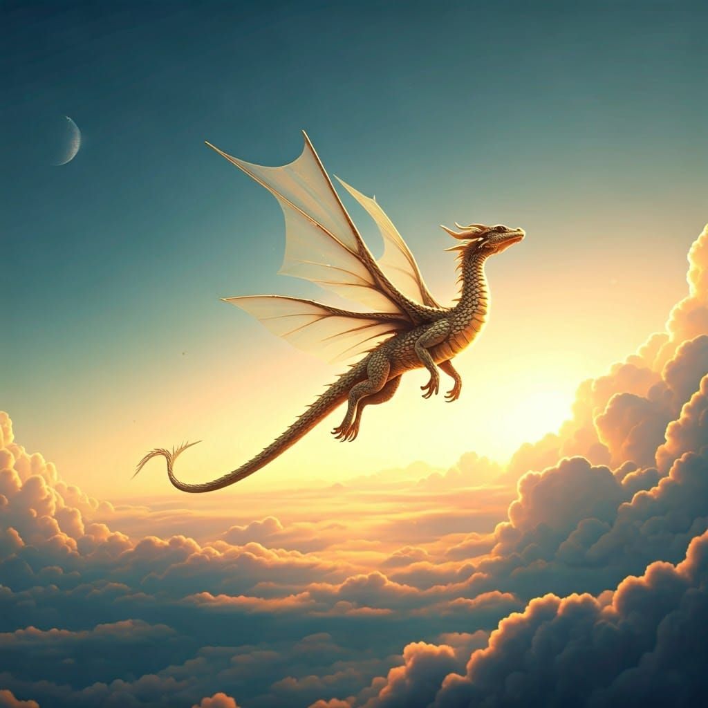 Golden Dragon Soaring in a Fantasy Sky