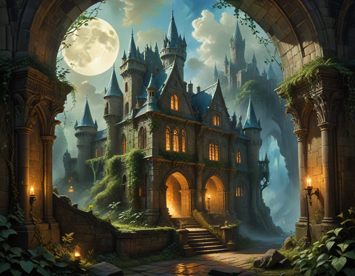 Twilight Castle on Verdant Hill as Impasto Painting