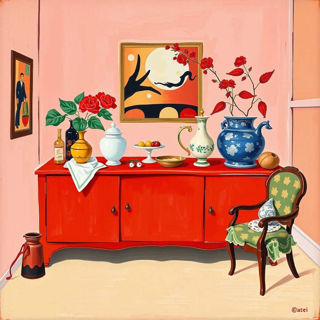 Vibrant Nihonga-Inspired Gouache Painting of a Red Sideboard