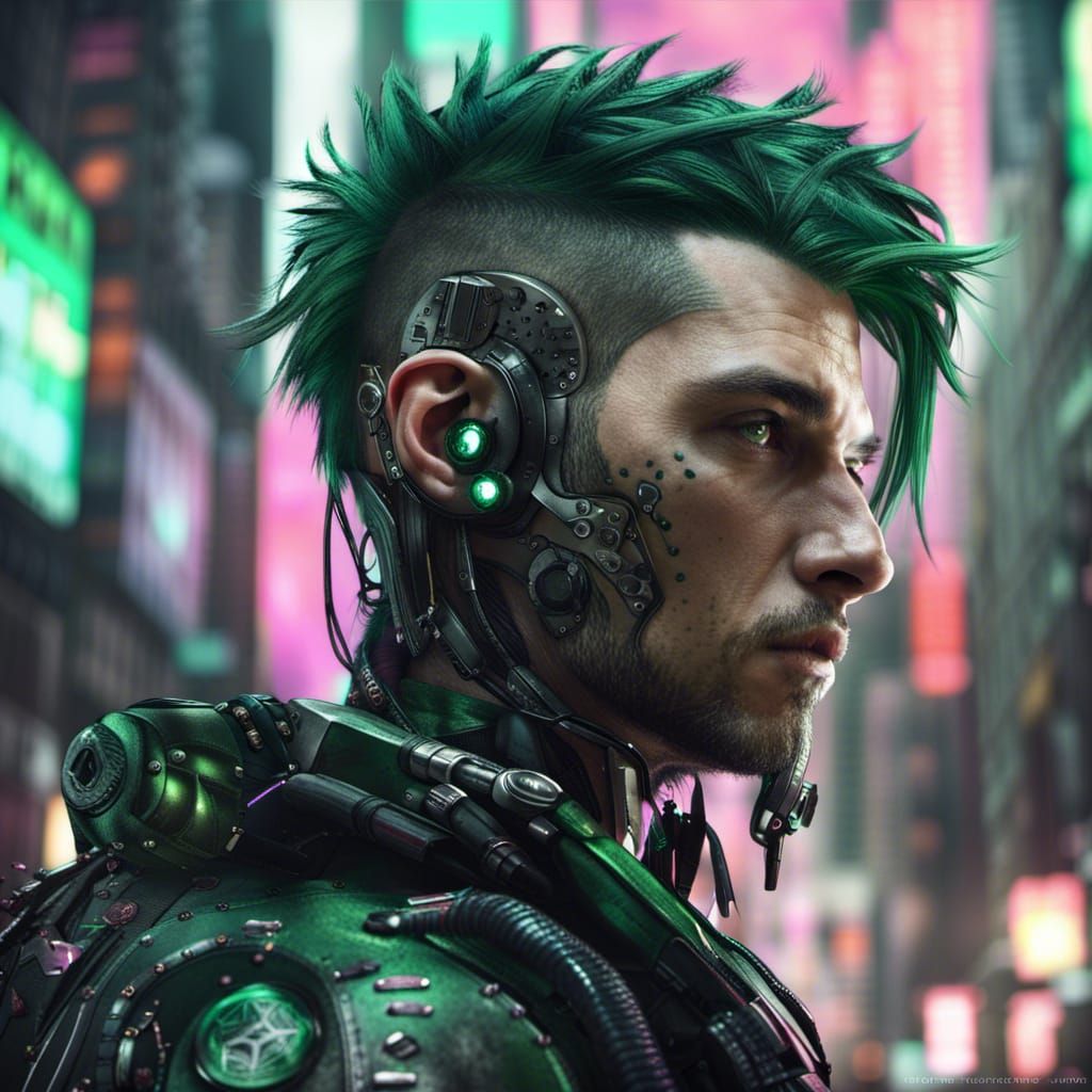 Cyberpunk Man with Dark Green and Black Hair