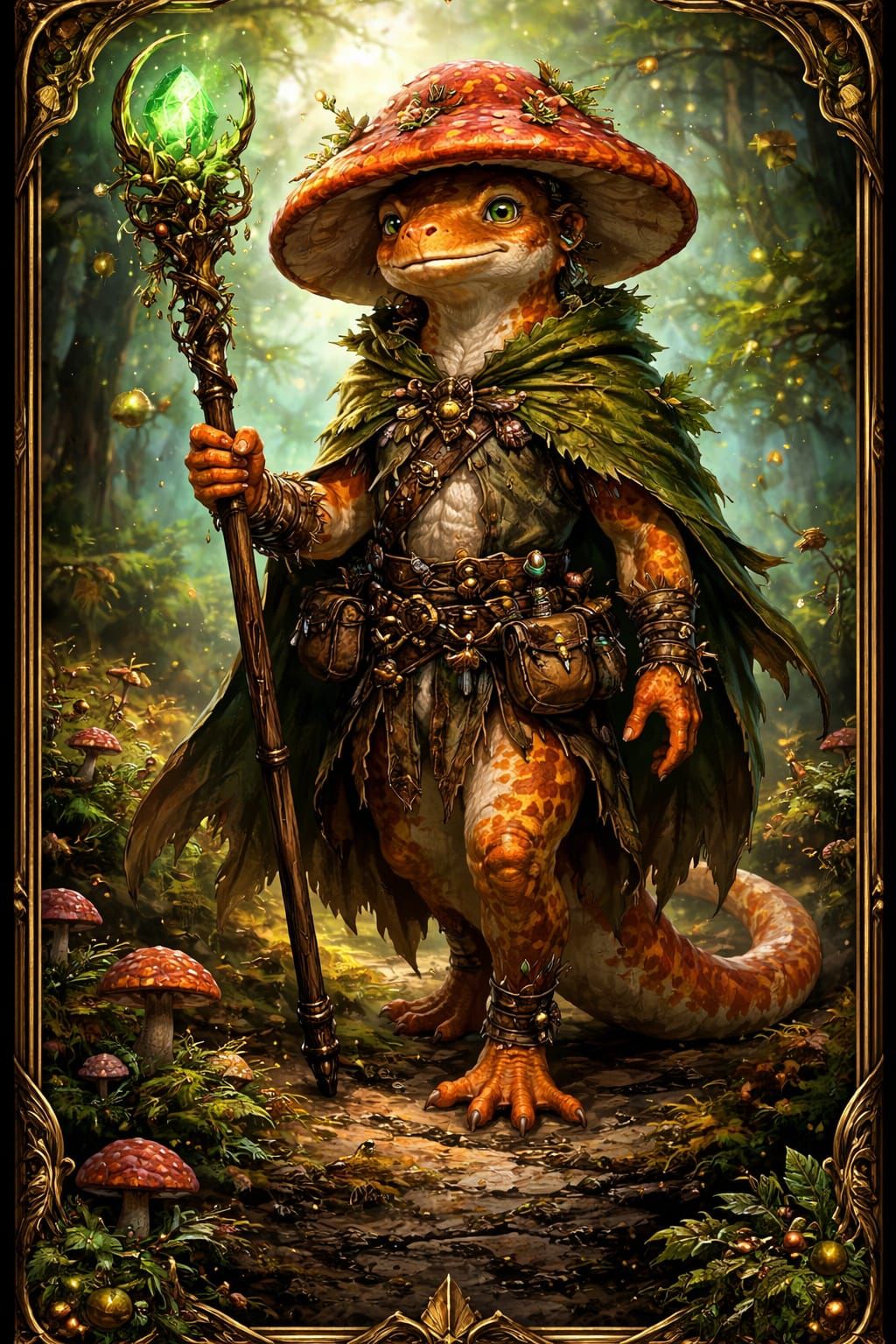 Fantasy Salamander Mage with Mushroom Cap in Forest