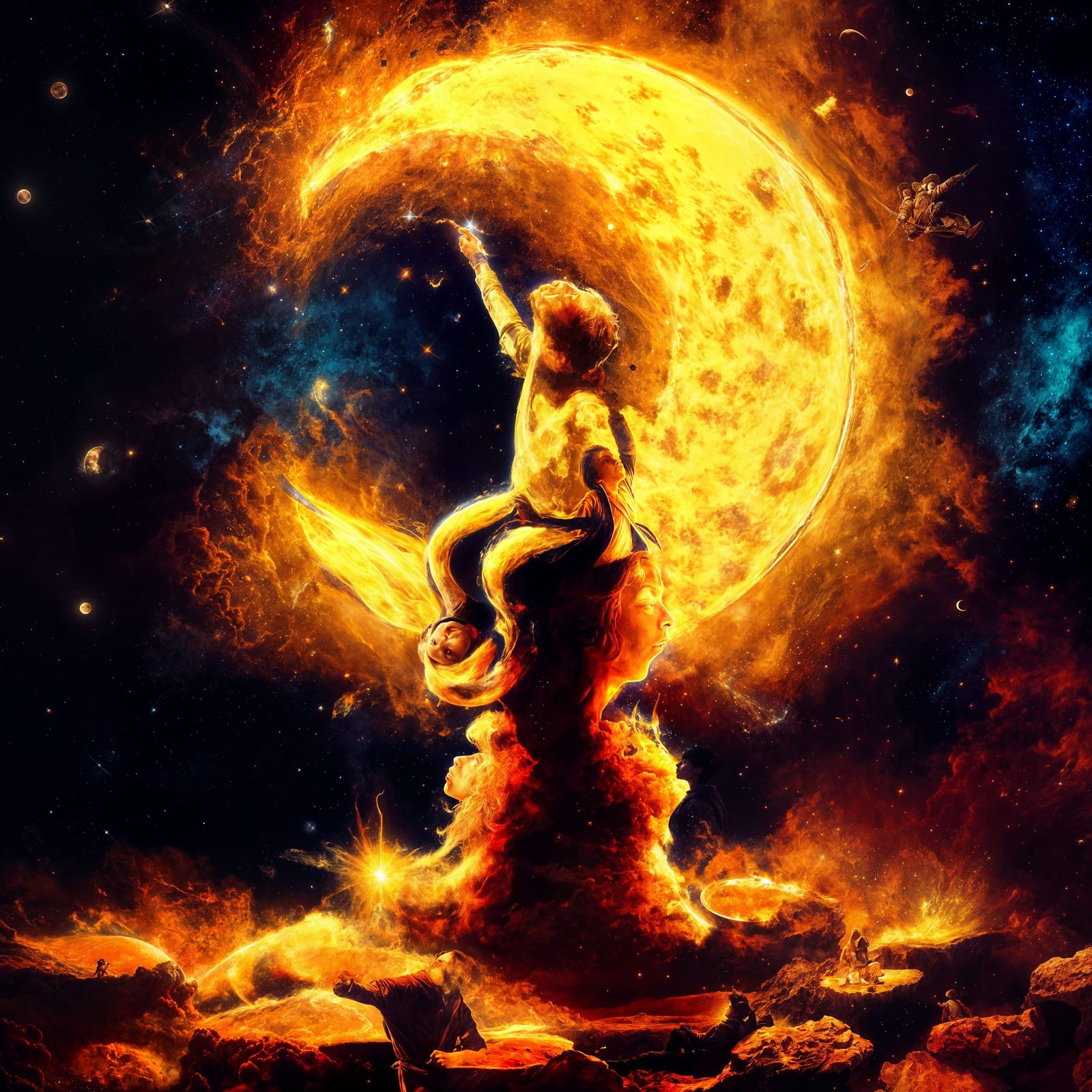 Boy on Moon Gazing at Supernova, Rembrandt Style