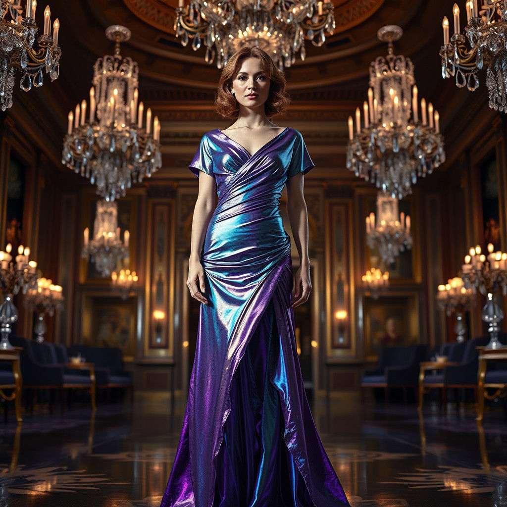 Woman in Crystalline Dress in Opulent Ballroom