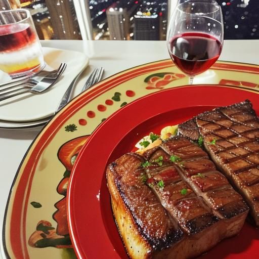 Chicago Steak Dinner with City Skyline at Night