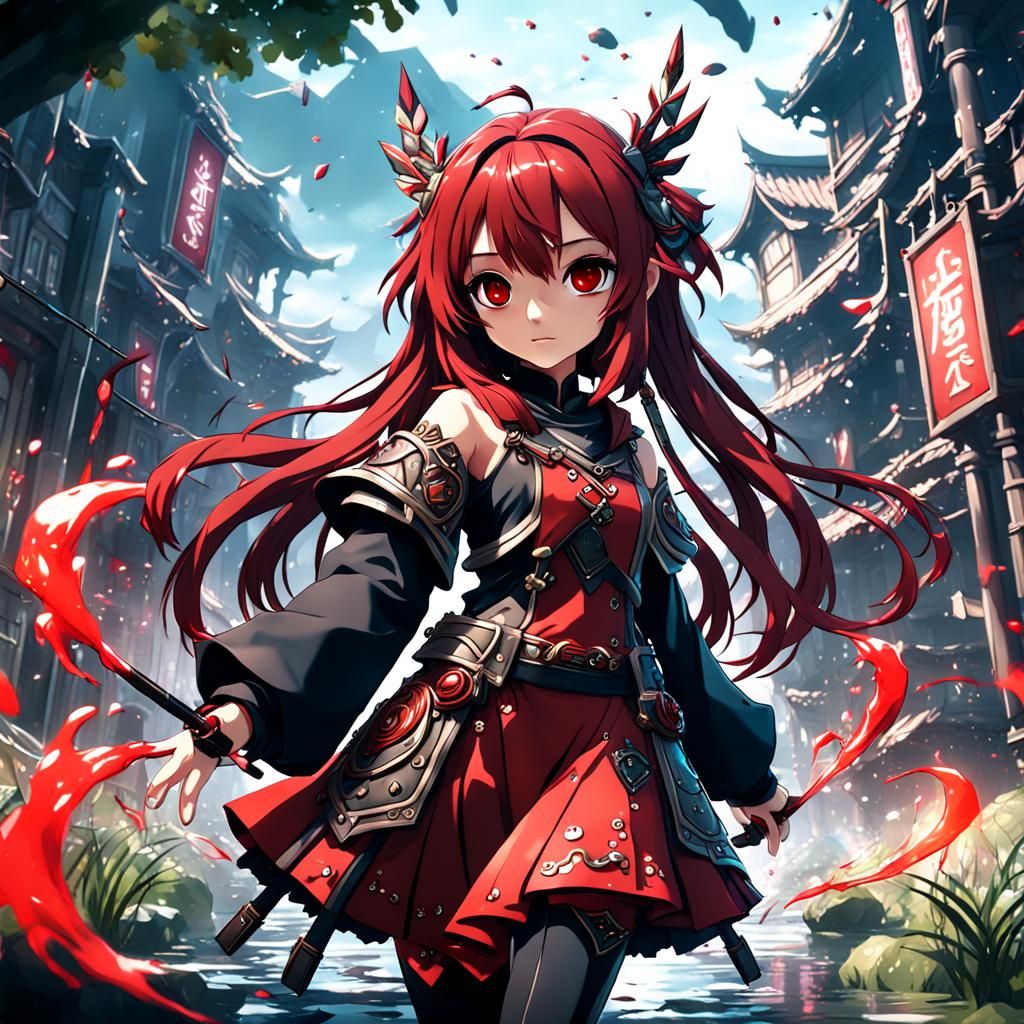 Anime Cute Dark Red Girl in Detailed Digital Art