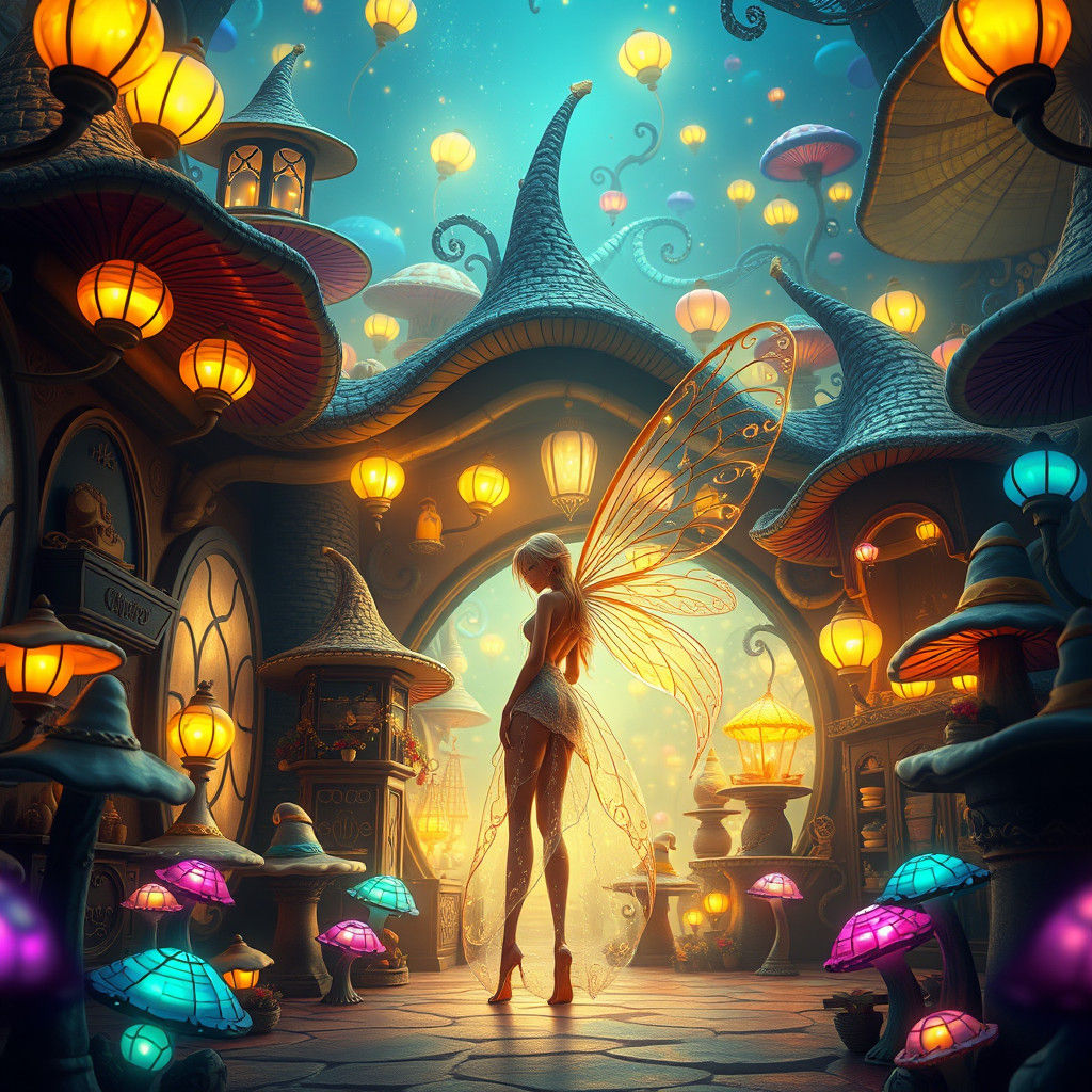 Fairy Tyler in Glowing Hat Shop, Dreamlike Illustration