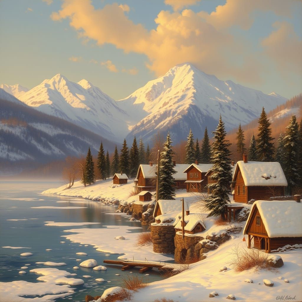 Winter Village Beside Frozen Lake in Landscape Painting Styl...