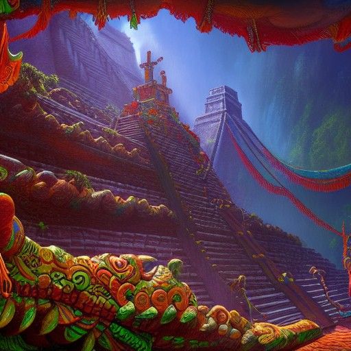 Quetzalcoatl Encircling Mayan Temple in Detailed Digital Art