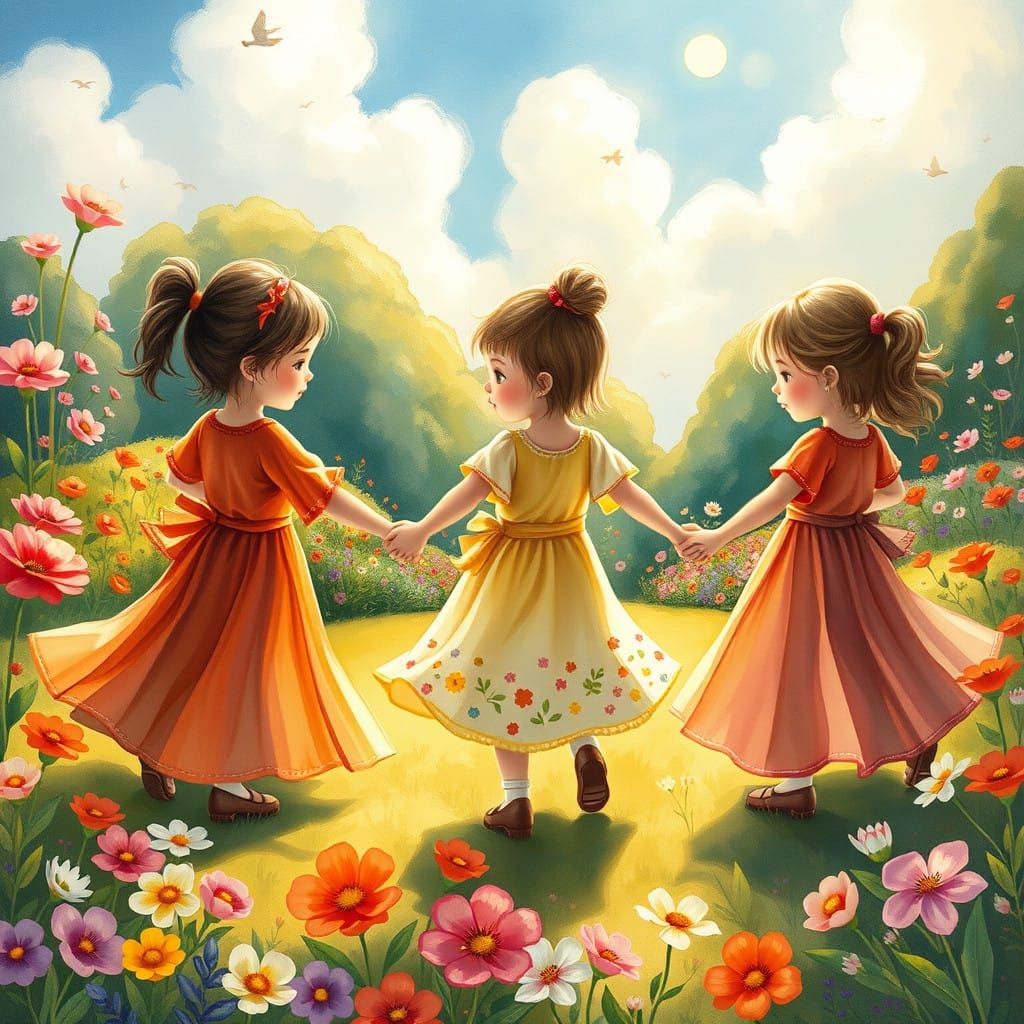 Children in Whimsical Garden Dance with Joy