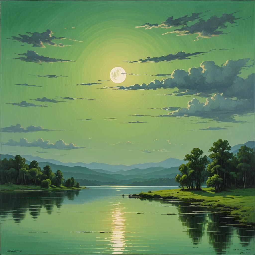 Sunset Lake Landscape in Luminist Style