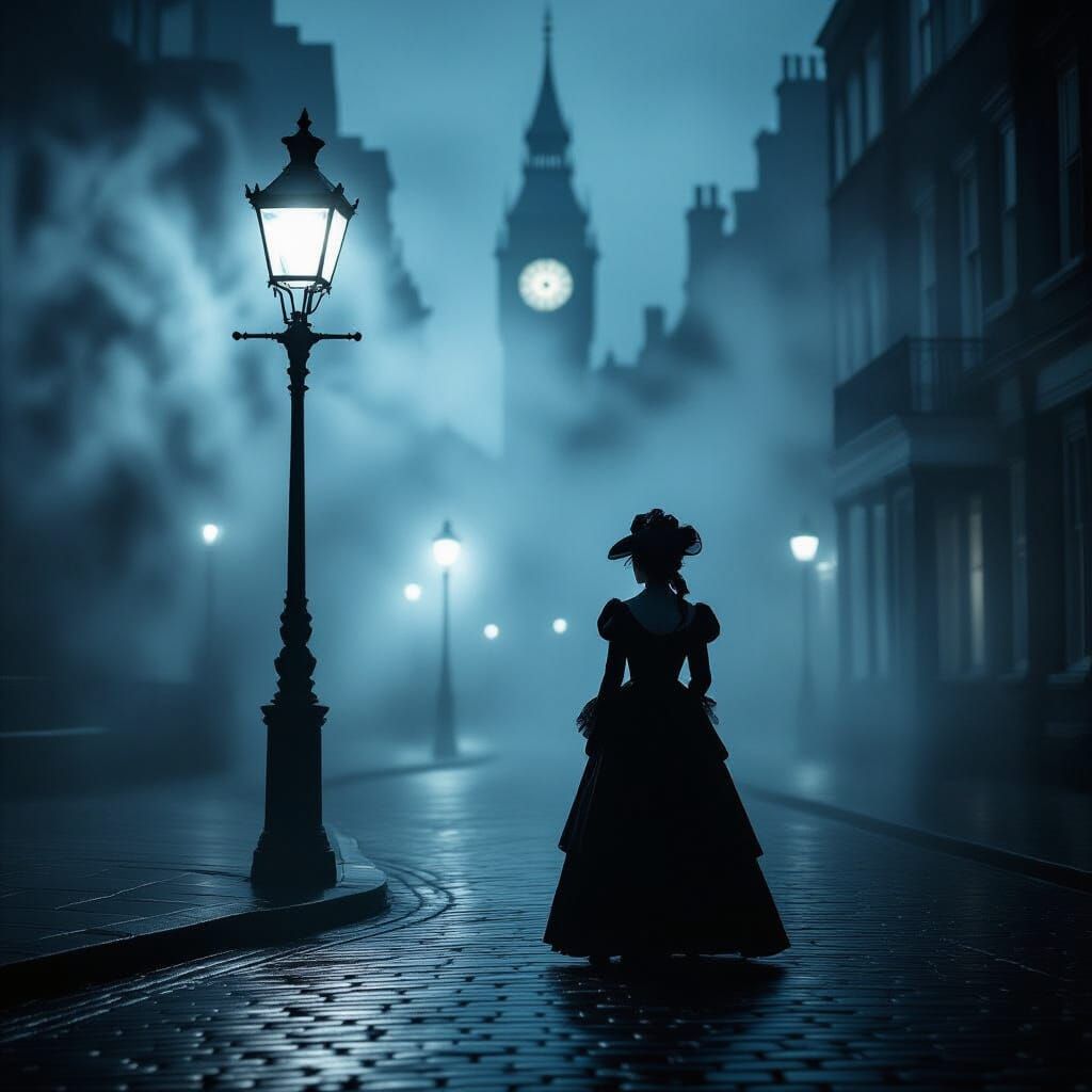 Victorian Figure on Foggy Street with Gas Lamp