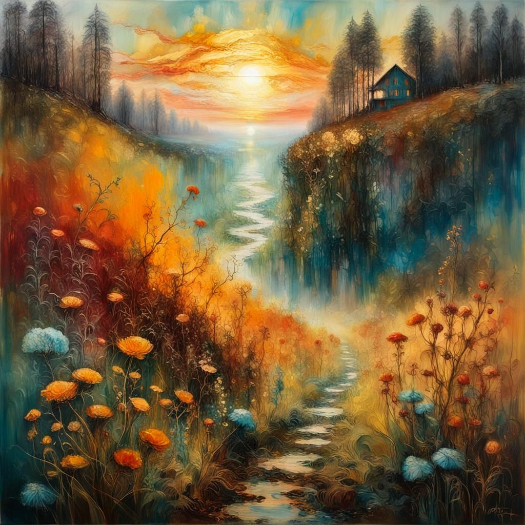 Spring Landscape in Encaustic Style with Sunset