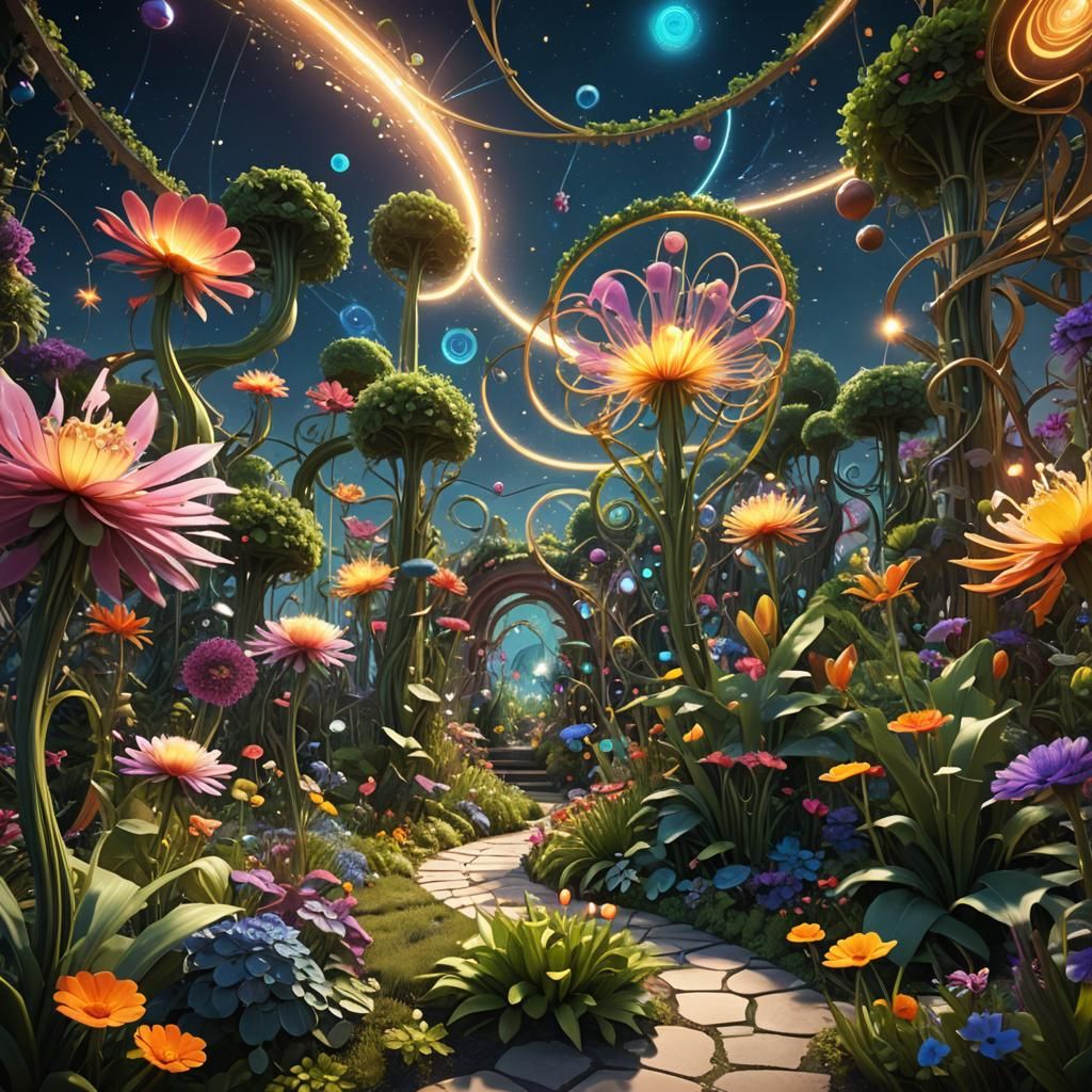 Quantum Garden: Fractal Flowers and Shimmering Light