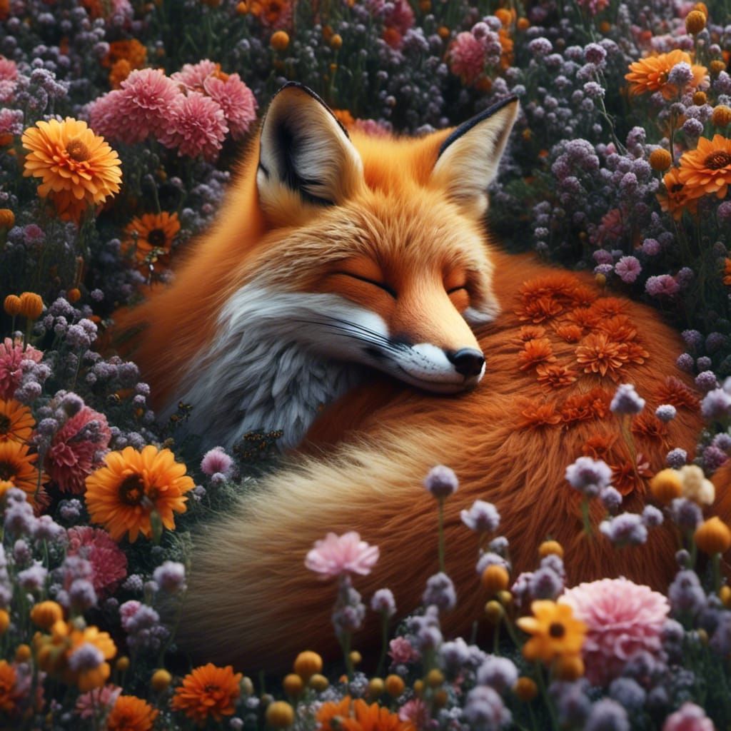Hyperrealistic Fox Asleep in Flowers