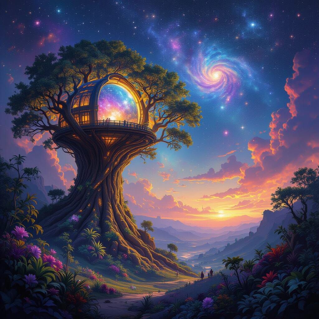 Bioluminescent Tree Observatory Overlooking Cosmic Nebula