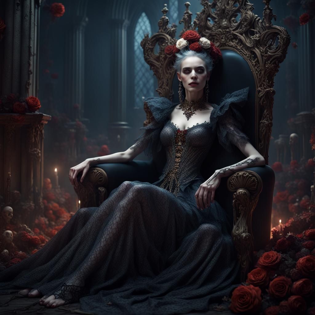Ancient Vampire Queen on Throne with Skeletons