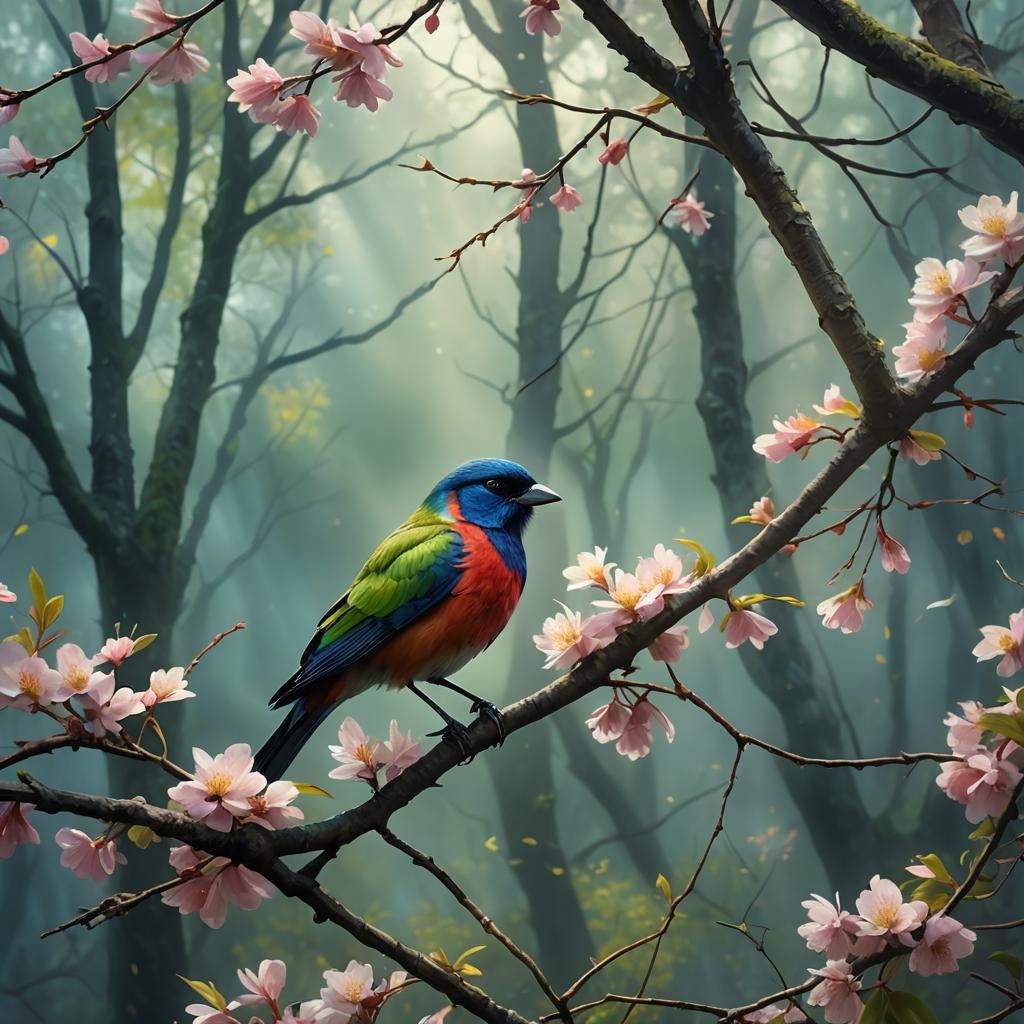 Vibrant Bird on Spring Tree, Post-Impressionist Style