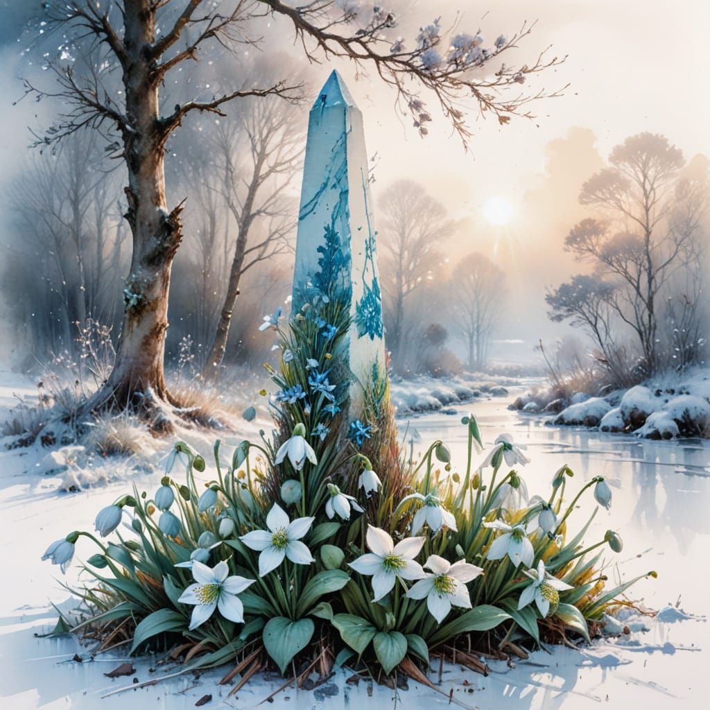 Winter Stone Obelisk in Stylized Watercolour