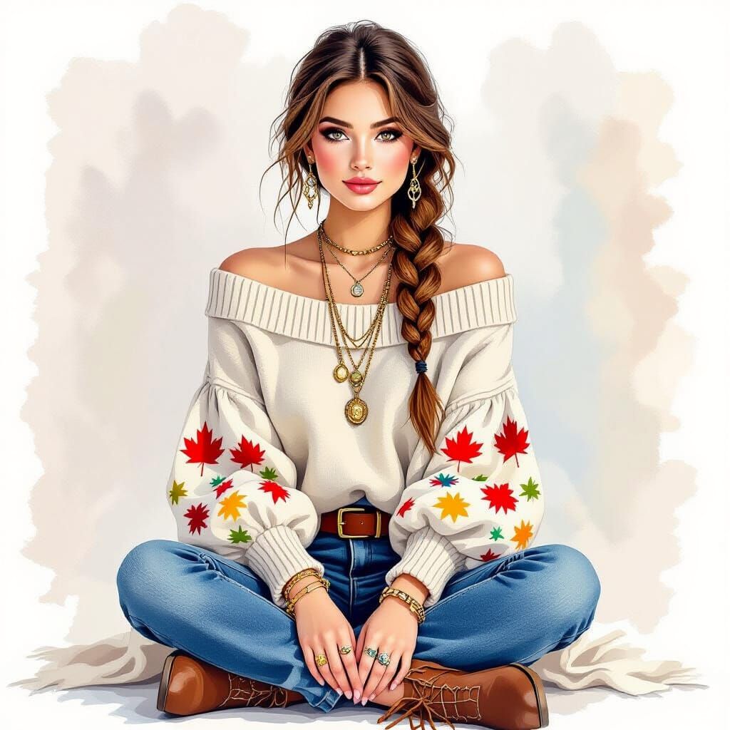 Young Woman in Knit Sweater, Watercolor Style