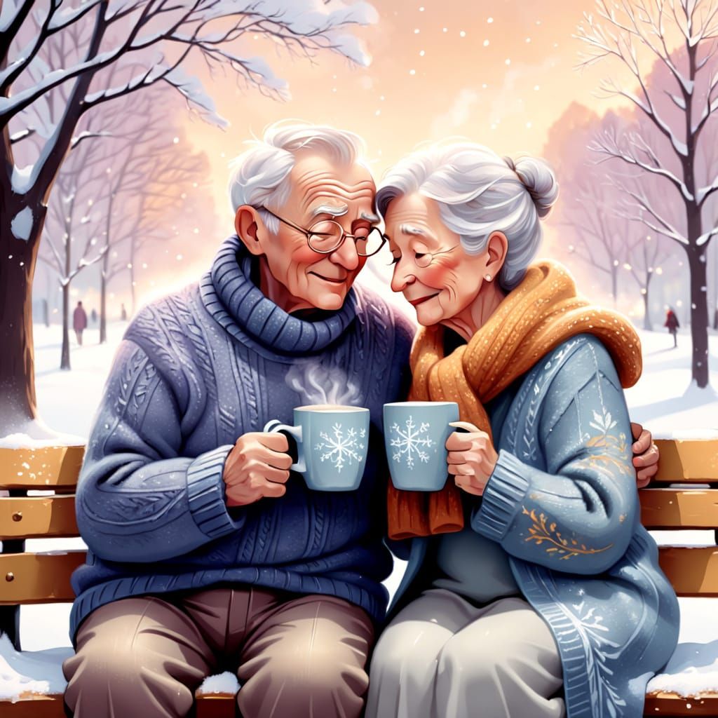 Whimsical Cartoon of Couple Sharing Hot Chocolate in Snow