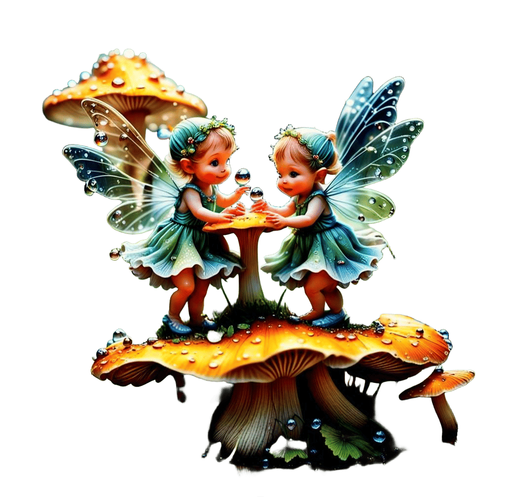 Detailed Macro Photo of Baby Fairies Dancing on Mushroom