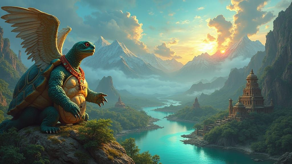Dreamlike Landscape with Regal Turtle and Cosmic Temple