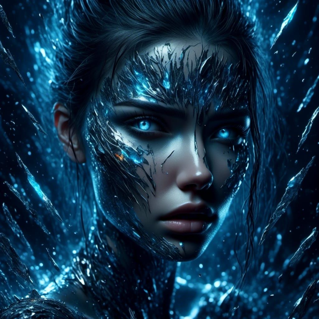 Emotional Woman Crying Silver Tears in Neon Light