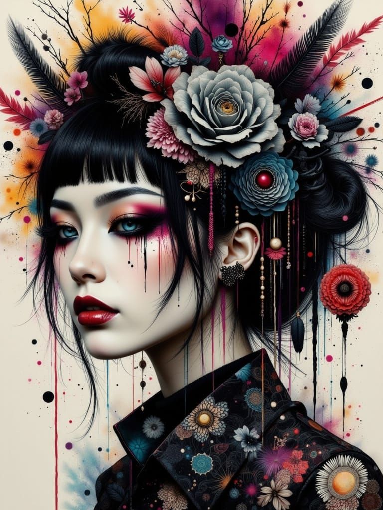 Colourful Gothcore Geisha Portrait with Abstract Elements