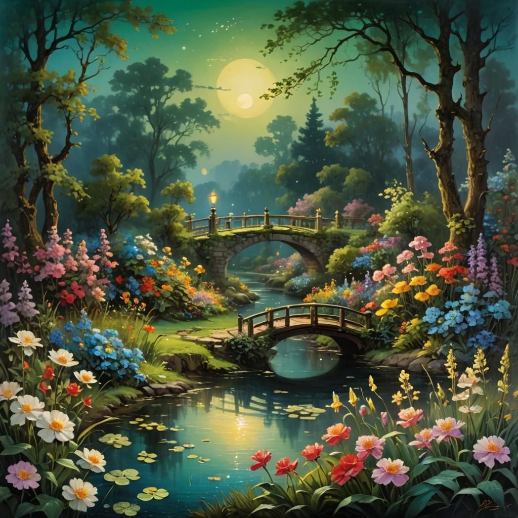 Moonlit Flower Garden Painting in Vibrant Style