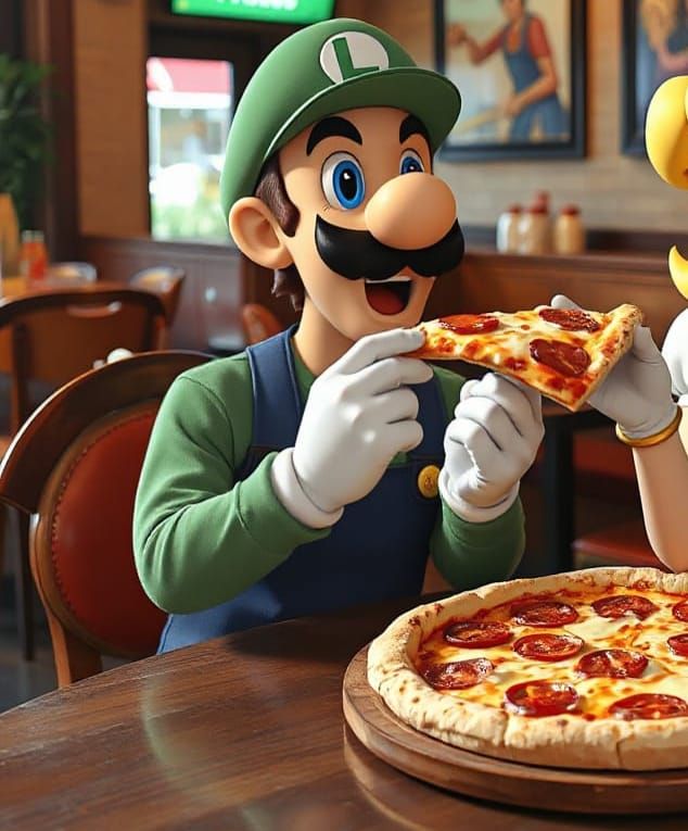 Luigi eating a pizza