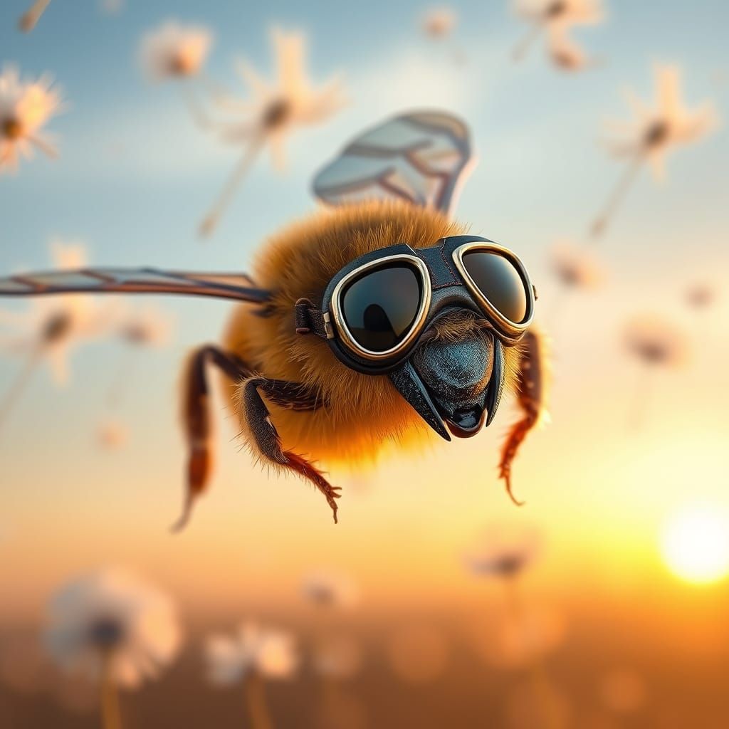 Dreamy Bee in Flight, Wearing Aviator Goggles, Amidst Dandel...