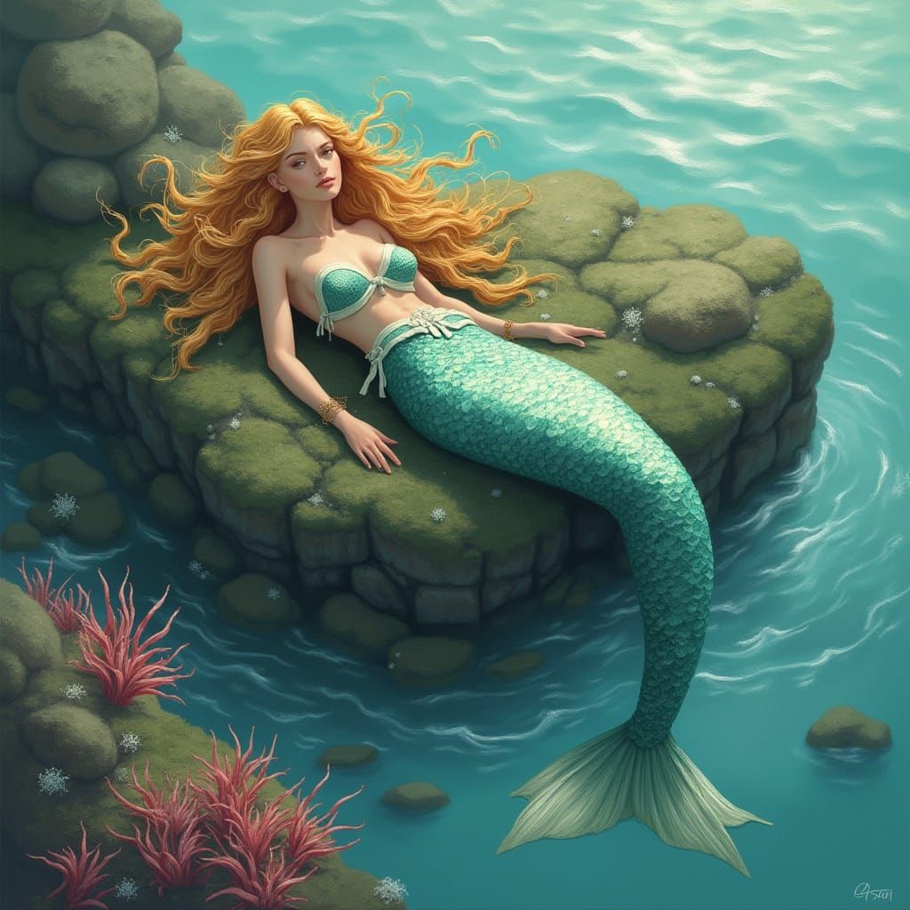 Ethereal Mermaid on Mossy Rock
