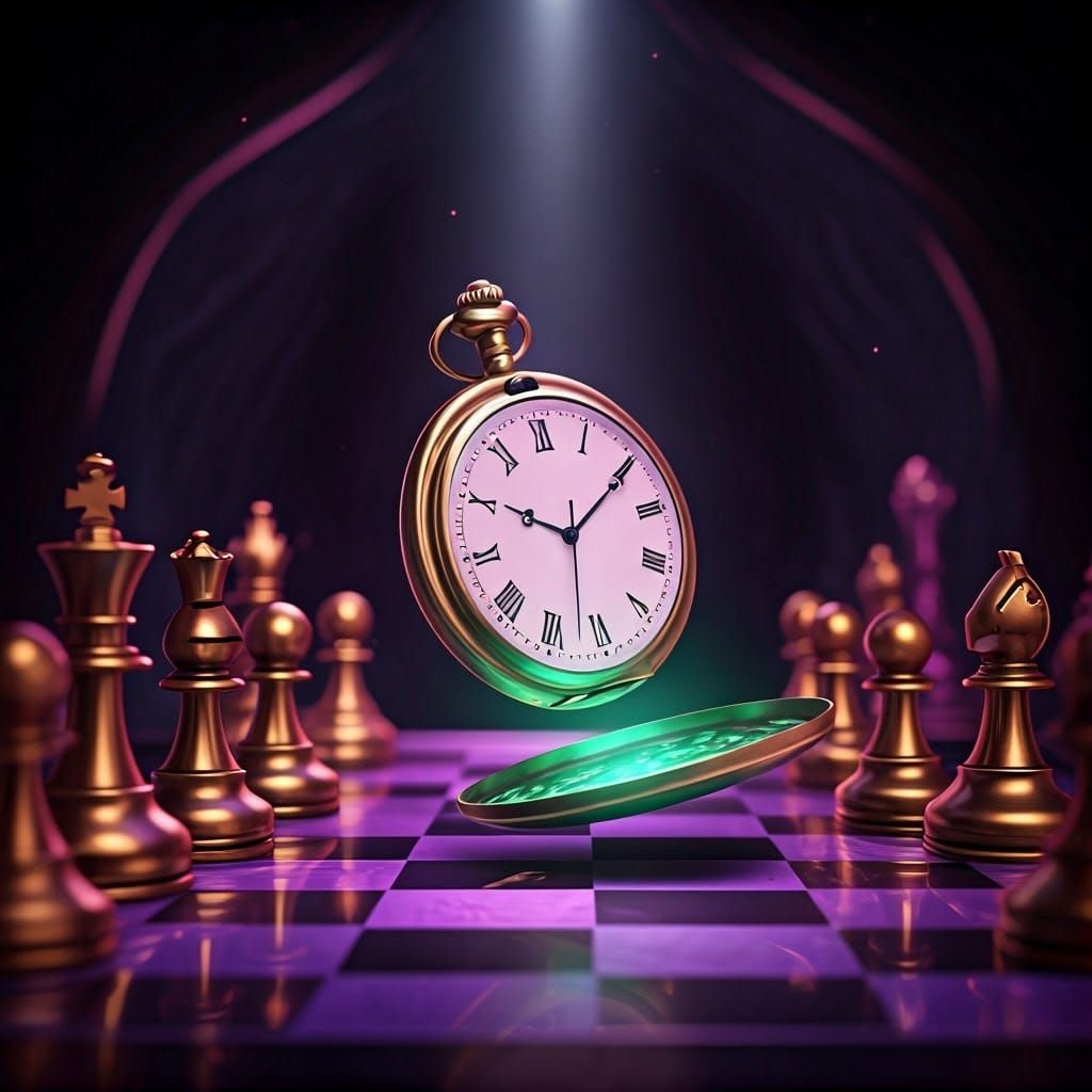 Luminescent Pocket Watch Over Purple Chessboard