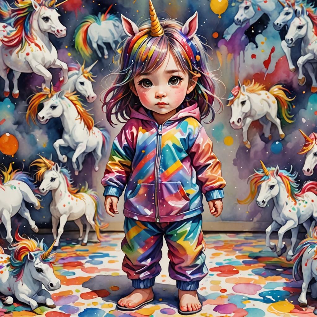 Cute chibi little girl, Dressed in rainbow unicorn pajamas