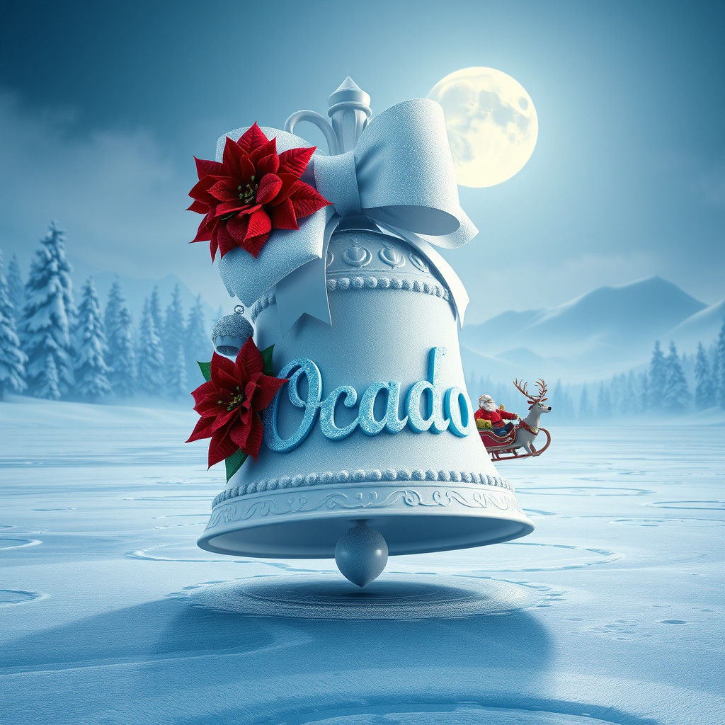 Christmas Bell with Santa Sleigh on Frozen Lake in 3D