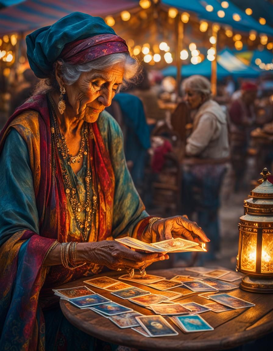 Gypsy Woman Reads Tarot Cards: Impressionistic Carnival Art
