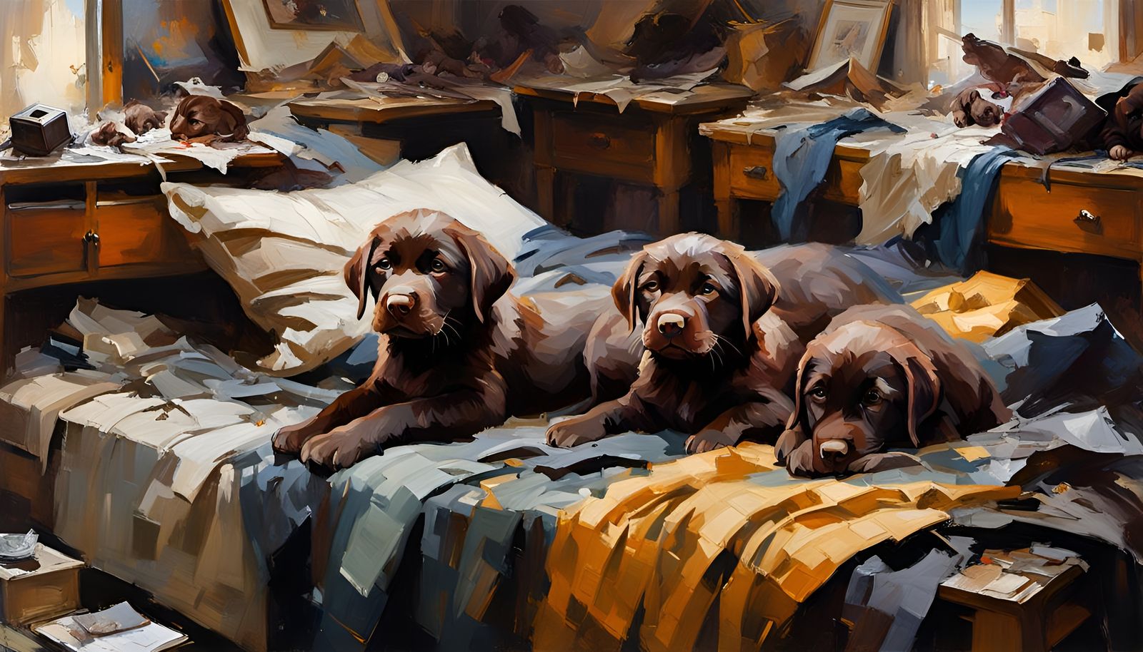 Labrador Puppies in Chaotic Room, Oil Painting