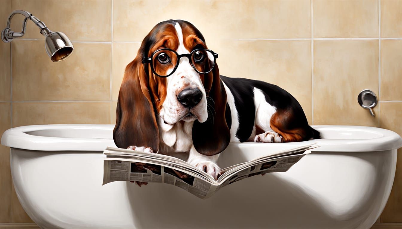 Basset Hound Reads Newspaper on Toilet as Oil Painting
