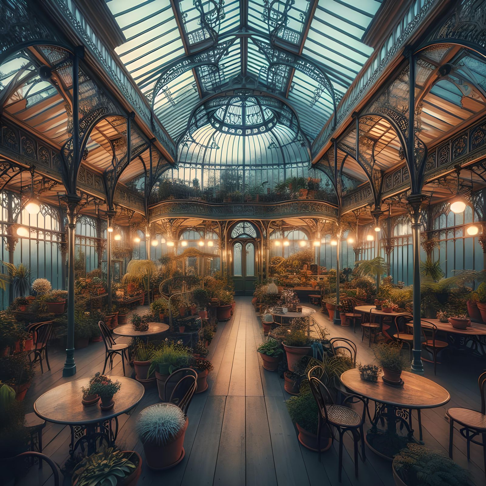 Victorian Greenhouse Interior at Dusk with Plants