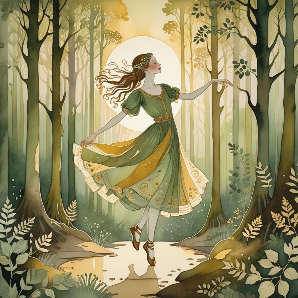A girl dancing in the forest.