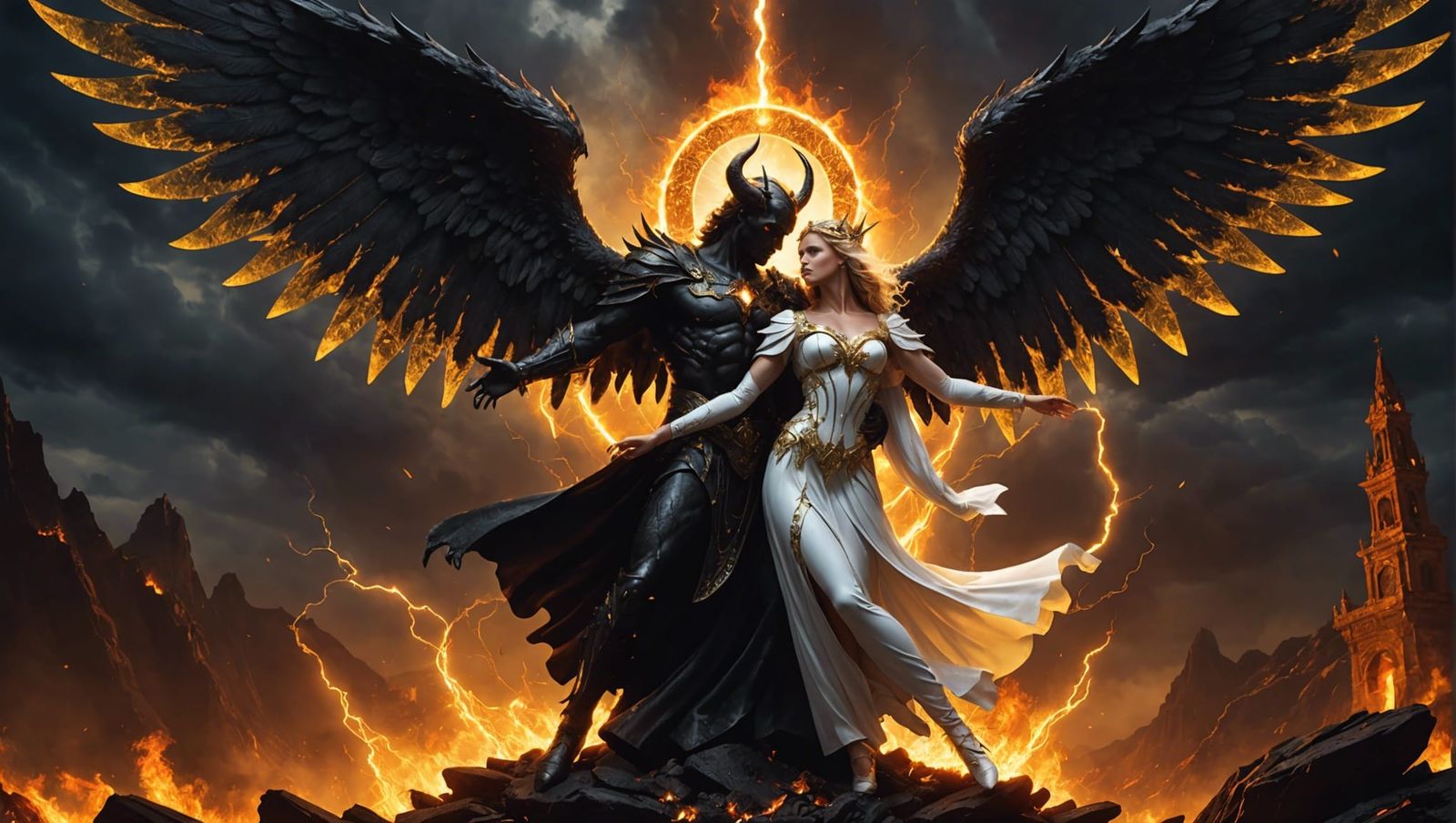 Devil and Angel Dance in Fiery Landscape