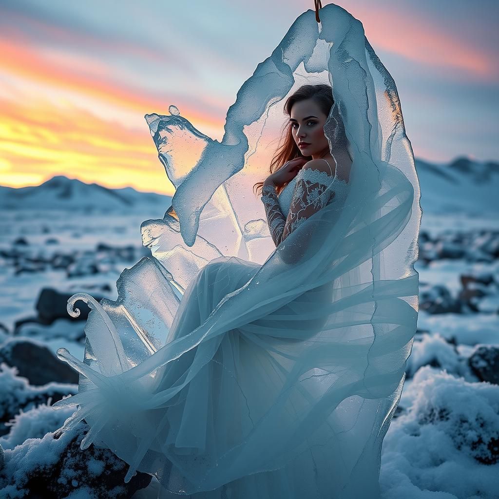 Woman Encased in Ice in Hyperrealistic Style