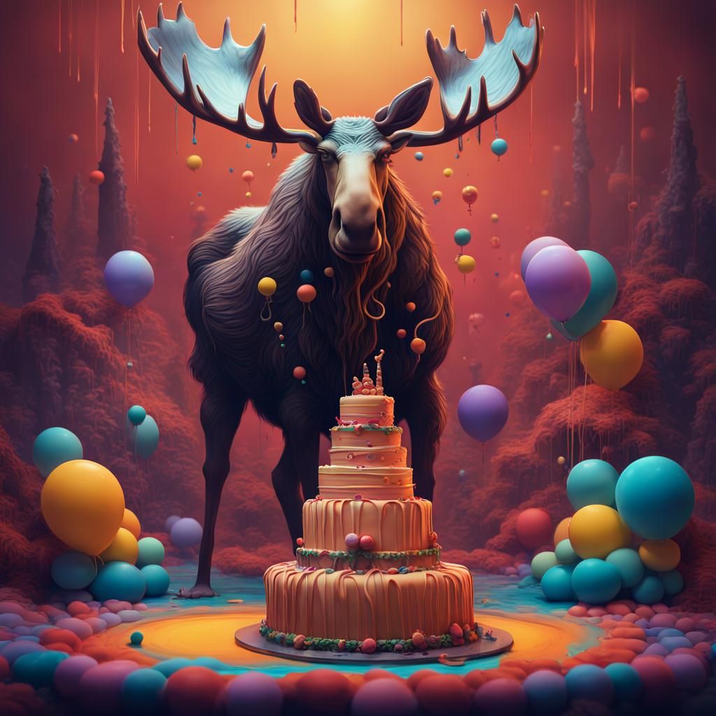 Moose with Cake in Colorful Spiral, Matte Painting