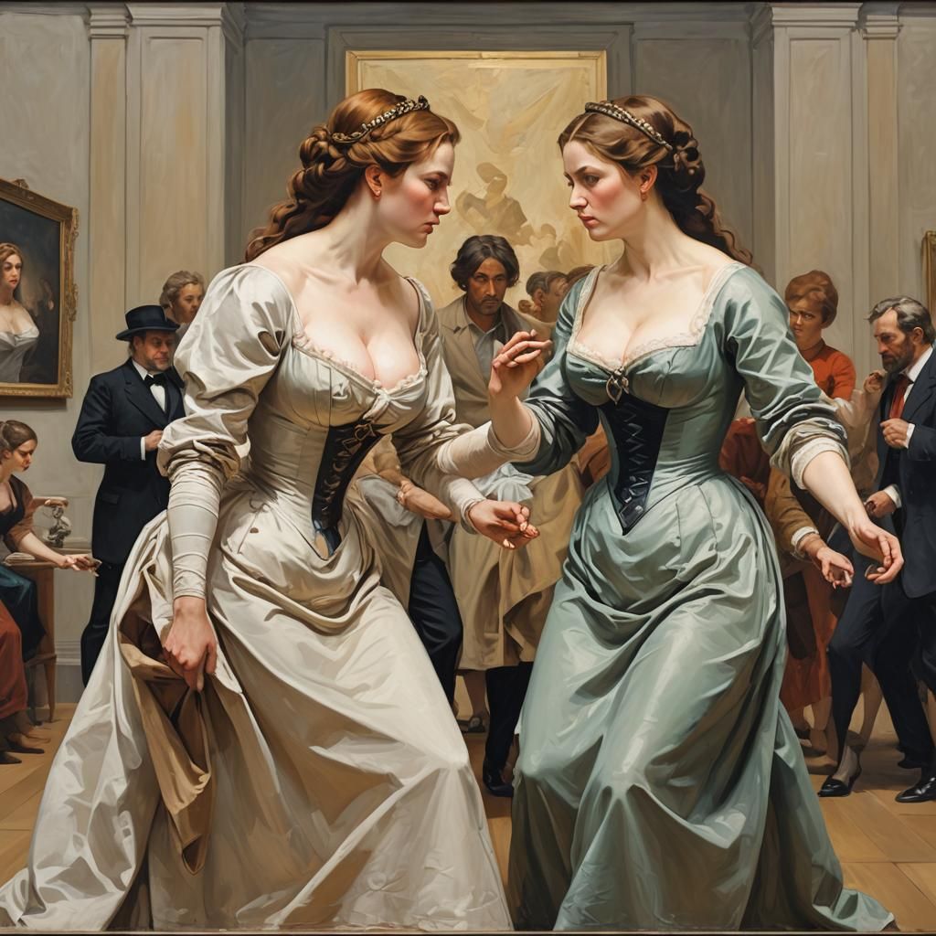 Dramatic Museum Staredown Painting of Two Women