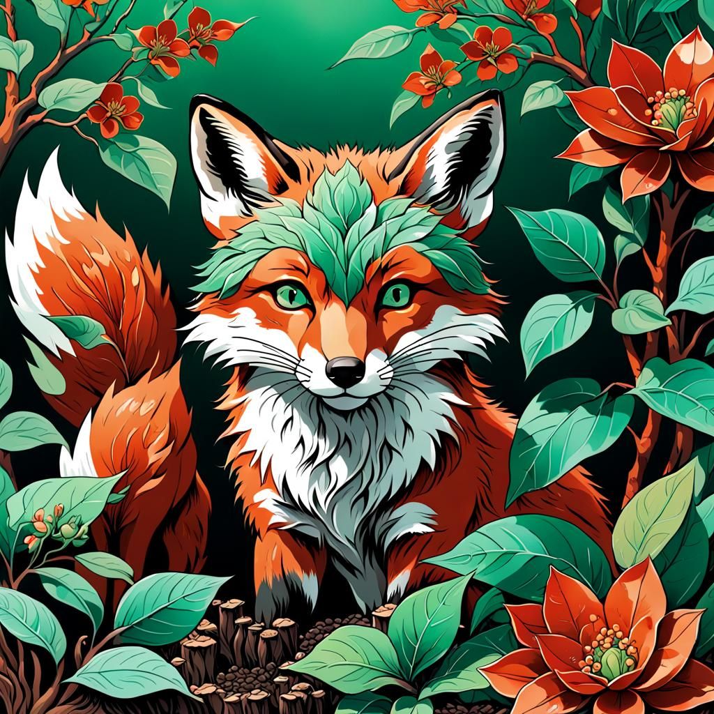 Fox and Cubs with Flora, Ukiyo-e Illustration