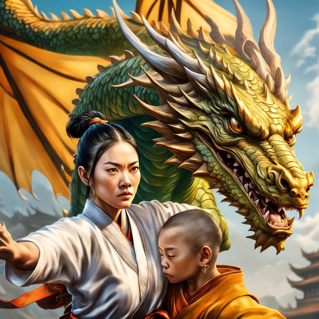 Shaolin Master and Dragon in Hyperrealistic Splash Art