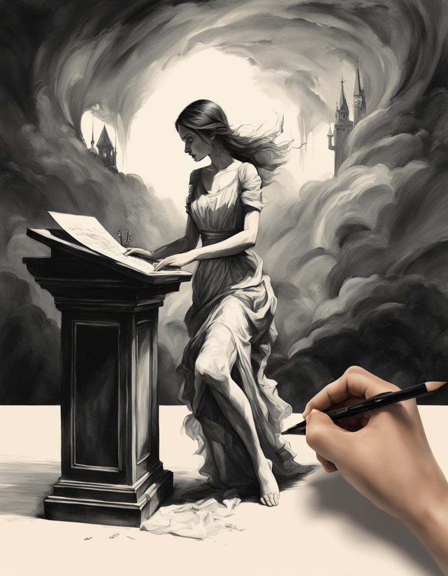 Surrealist Woman Drawing Herself in Oil Sketch Style