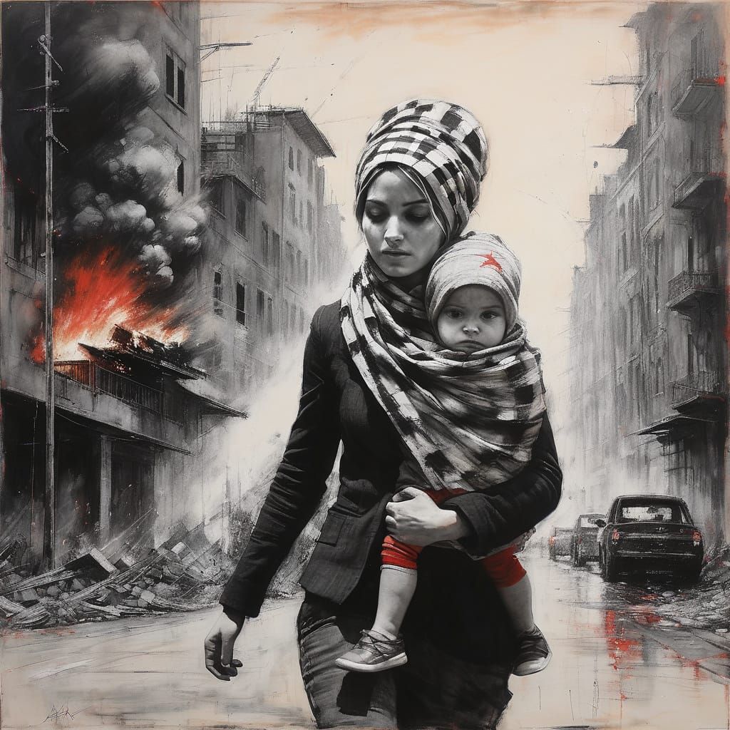 Beautiful Woman Fleeing a Burning City in a Charcoal Drawing...