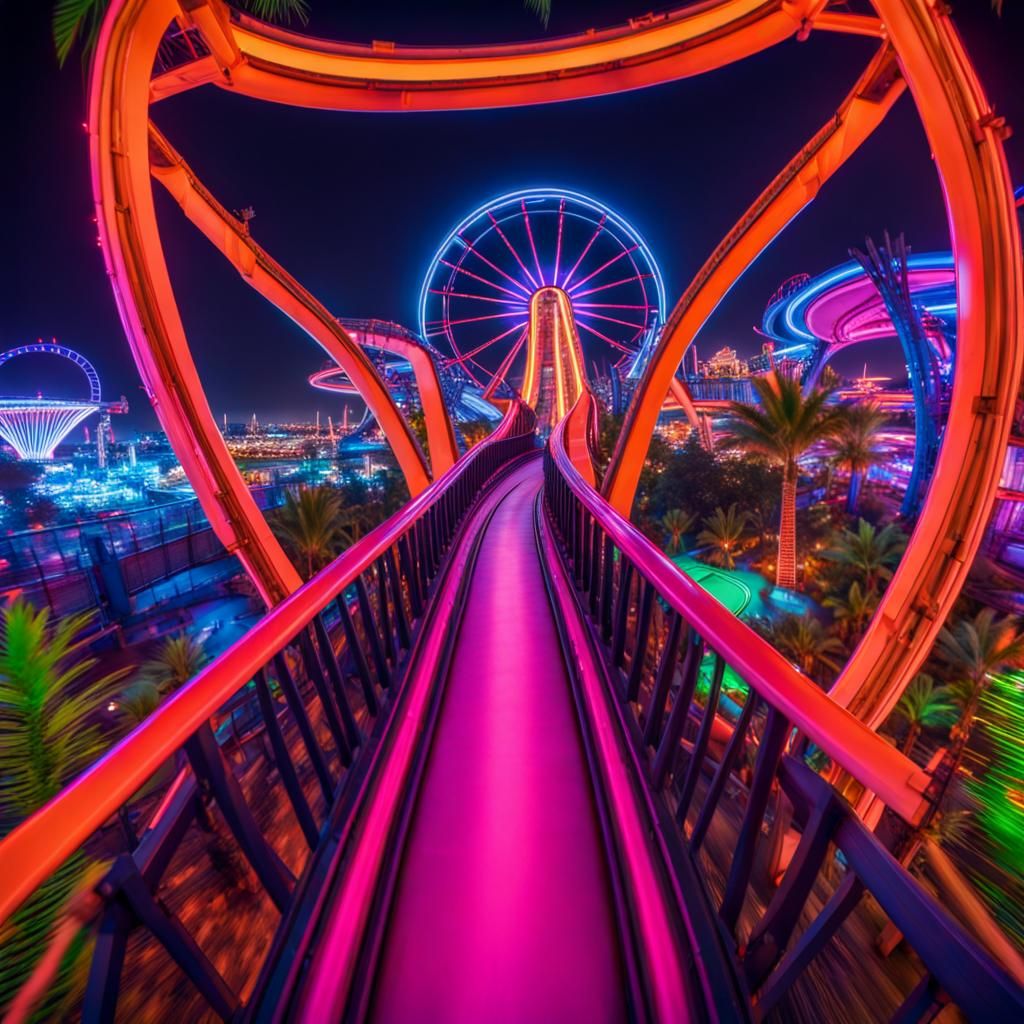 Neon Theme Park Roller Coaster: Hyperrealistic First-Person ...
